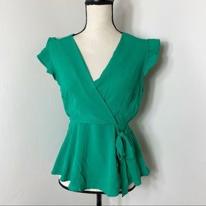 Monteau Green Faux Wrap Ruffle Sleeve Top L